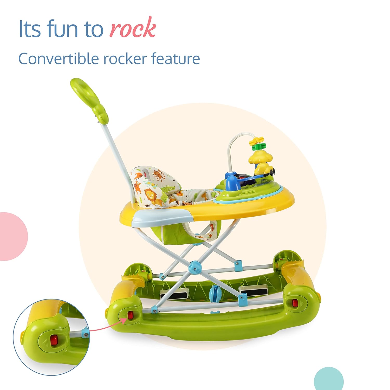 Bright yellow and green baby walker and rocker, providing a safe and engaging play experience with lights, music, and parental control. www.usmile.toys